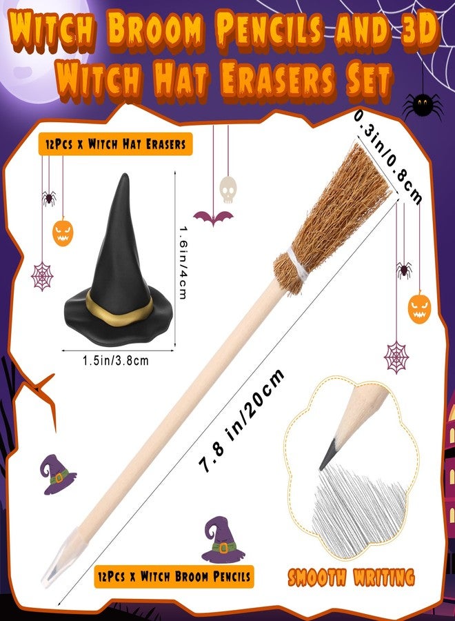Fuyoooo 24 Pcs Witch Party Favors Set with 12 3D Small Witch Hat Eraser 12 Broom Broomstick Pencils for Wizard Party Favors Gifts Decoration Kids Classroom Reward Supplies (Broom Pen,Khaki) - Image 4